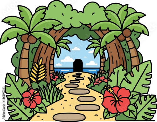 A picturesque pathway through lush tropical foliage leading to a serene ocean view