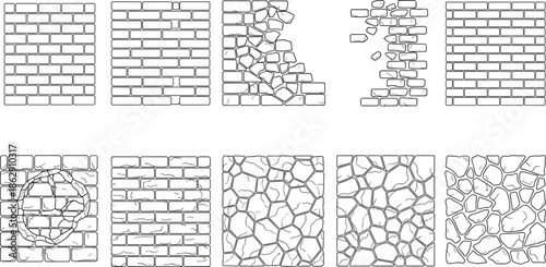 Set of Vector Brick and Stone Wall Textures with Cracks and Ruins in Black and White Outline Style