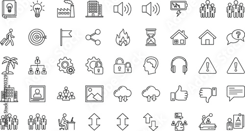 “Business productivity icon collection with teamwork communication security cloud upload download idea management travel target warning symbol office outline design set”