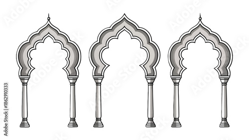 Islamic Arches of Architectural Elegance: A majestic row of intricately designed Islamic arches, showcasing the beauty and precision of ancient architectural styles.