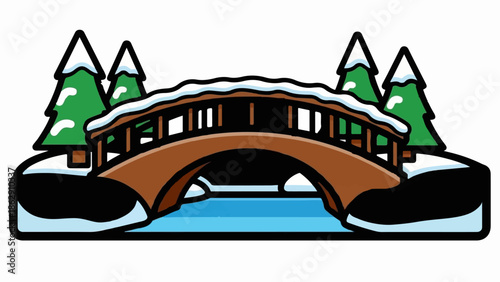 A picturesque winter scene featuring a snow-covered arched bridge over a blue stream, framed by evergreen trees