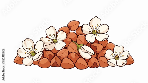 A pile of brown grains is adorned with delicate white blossoms and one bud