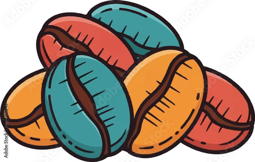 A pile of brightly colored, stylized coffee beans in red, blue, and orange hues