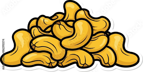 A pile of cartoon-style cashew nuts, yellow and brown, with thick black outlines