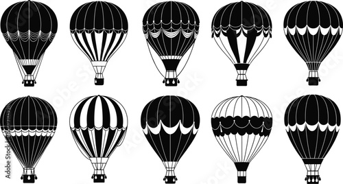 Set of vintage hot air balloon silhouettes collection isolated on white background, retro airship icons, adventure travel flight design illustration