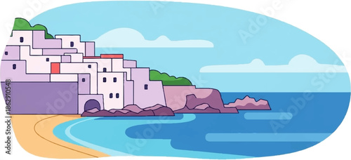 A stylized, cartoonish coastal village with whitewashed buildings sits atop purple cliffs overlooking a turquoise sea and sandy beach