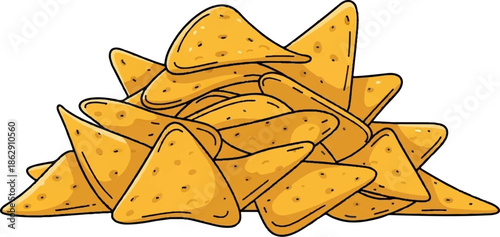 A pile of yellow tortilla chips, triangular shaped and textured with small dots