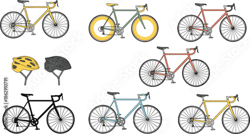 Set of minimalist flat vector illustrations featuring road racing bicycles in various colors with matching cycling helmets for sports design.