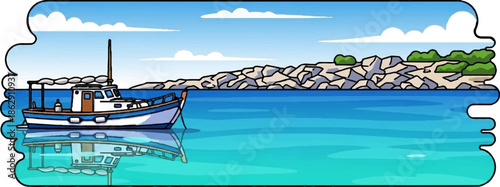 A pixel art fishing boat floats on clear blue water with a rocky, green island coastline under a cloudy sky