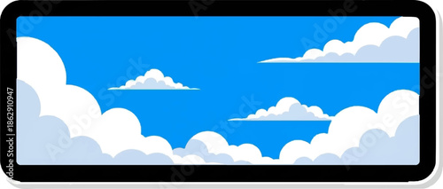 A pixel art illustration of a bright blue sky filled with fluffy white and light blue clouds, framed by a black border
