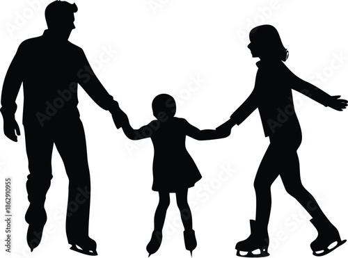 A silhouetted family of three enjoys ice skating together on a rink