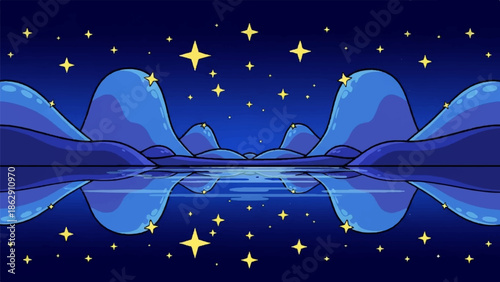 A pixel art night scene with rolling blue hills reflected in water under a sky full of stars