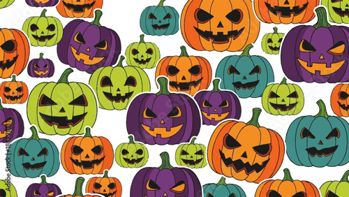 A playful assortment of jack-o'-lanterns in various sizes and colors