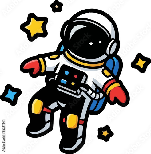A playful cartoon astronaut floats amongst colorful, stylized stars in outer space