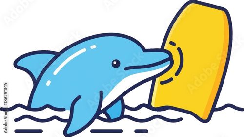 A playful cartoon dolphin swims alongside a yellow boogie board in blue wavy water
