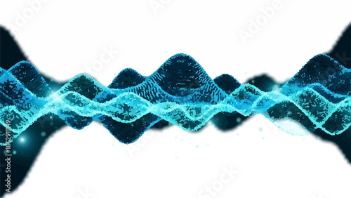 Abstract digital waves of blue particles on a white background, suggesting data flow or sonic energy