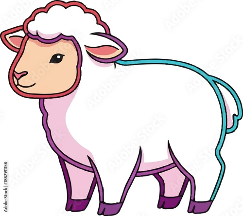 A playful cartoon sheep illustration with a fluffy white body, pink face, and colorful outlines standing