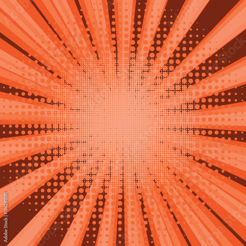 Comic book halftone background. Red sun pop art retro rays background.