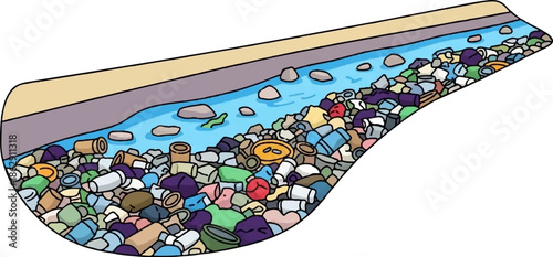 A polluted waterway choked with a diverse array of plastic debris and refuse