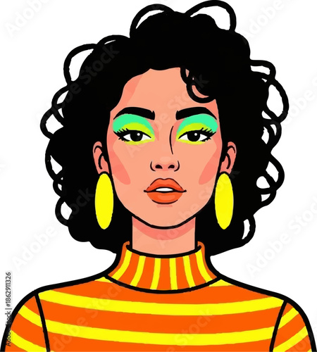 A pop art portrait of a woman with vibrant green eyeshadow and bold orange and yellow attire