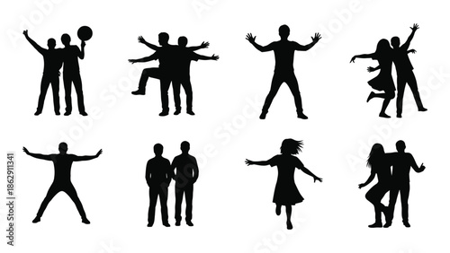 Silhouettes of people in various dynamic poses including dancing and celebration