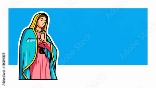 A stylized illustration of a praying woman in a blue cloak and yellow hood, set against a bright blue background