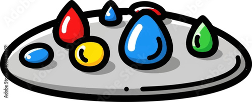 A whimsical illustration of colorful, liquid-like drops resting on a flat surface