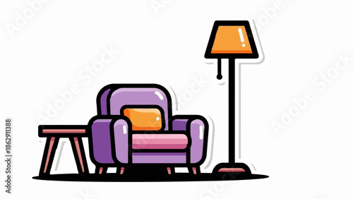 A purple armchair with pink cushion sits beside a small table and a floor lamp