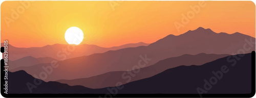 A radiant sun sets behind layered, silhouetted mountain ranges in warm hues