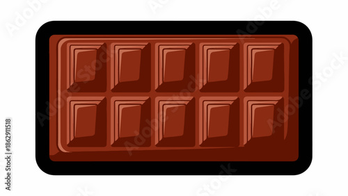A rectangular bar of dark chocolate, divided into ten neat, square segments, depicted from an overhead view