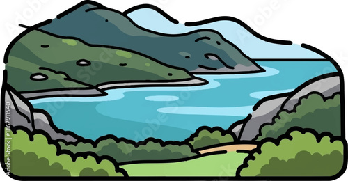 A stylized illustration of a serene lake or bay nestled between rolling hills and rugged mountainsides