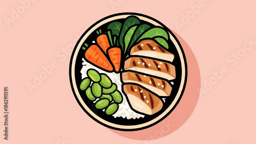 A simple, flat-style drawing of a nutritious meal in a black bowl, featuring rice, edamame, carrots, spinach, and sliced chicken