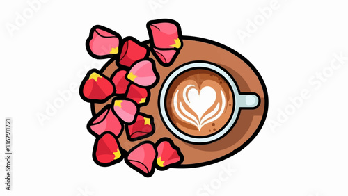 A top-down view of a coffee cup with latte art, surrounded by pink and red rose petals