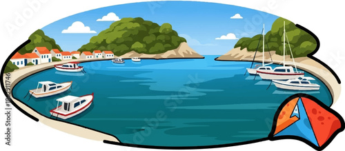 A tranquil bay with boats docked near a coastal village, surrounded by lush green hills