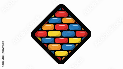 A vibrant diamond shape filled with a pattern of glossy red, blue, orange, and yellow rectangular blocks