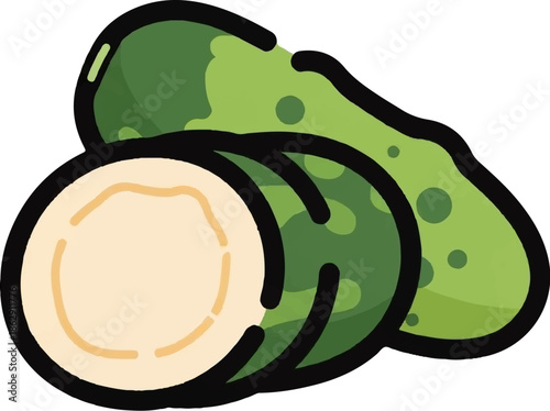 A stylized illustration of a sliced and whole green fruit, with a creamy interior