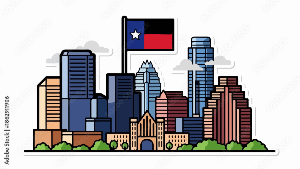 Fototapeta premium A vibrant flat illustration of a city skyline featuring diverse buildings, green trees, clouds, and a flag