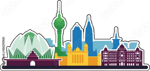 A vibrant, flat design cityscape with iconic buildings and a prominent tower, set against a white background