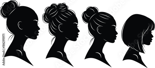 Set of Woman Face Silhouettes in Profile with Messy Bun and Bob Hairstyles Vector Illustration for Beauty Salon