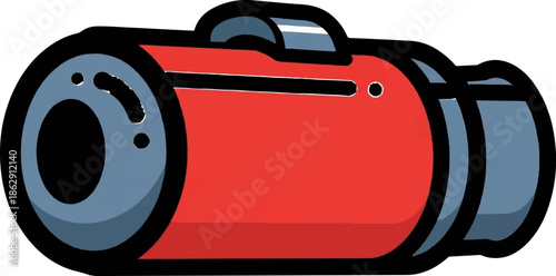 A simple cartoon-style red and grey cylindrical device with a black outline and a top handle