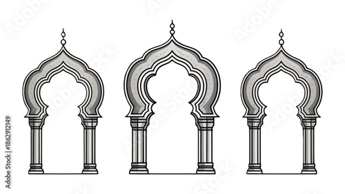 Architectural Elegance: A symmetrical display of ornate archways, their intricate details reflecting the grandeur of historical design. The serene ambiance conveys a sense of enduring craftsmanship.