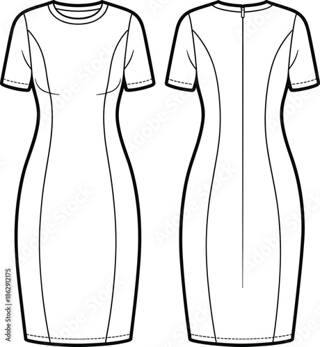 Fashion technical flat sketch of a women's short sleeve bodycon midi dress with princess seams and center back zipper, front and back.