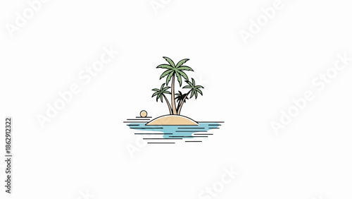 A simplified island with palm trees in the ocean at sunset