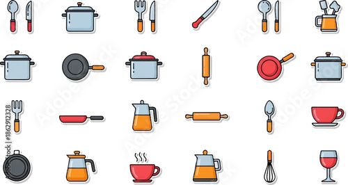 A vibrant grid of colorful, flat-design kitchen utensils, cookware, and beverage items on a white background