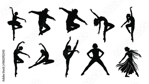 Silhouettes of dancers in various poses showcasing movement and artistic expression