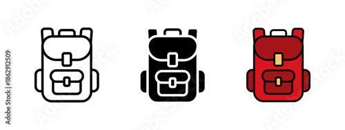 Backpack icon. Travel backpack illustration for tourism, luggage and adventure concepts. Rucksack pictogram in outline, solid and colored styles, isolated on white background.