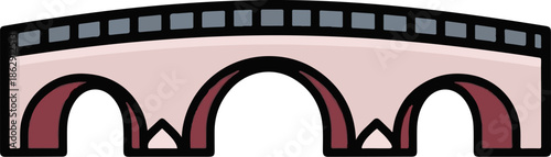 A simplistic, cartoon-style representation of a three-arched stone bridge, with a light pink deck and dark red arches