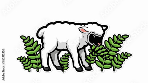 A white cartoon lamb nibbles on green leafy branches on a white background