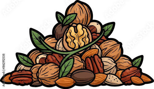 A vibrant assortment of shelled and unshelled nuts and green leaves