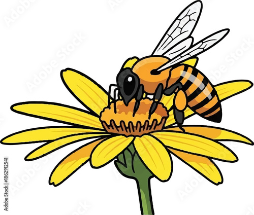 A vibrant bee gathers nectar from a bright yellow flower with green stem